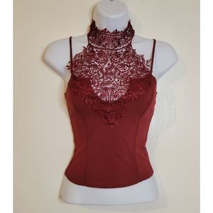 burgundy, embroidered lace, halter top, XS